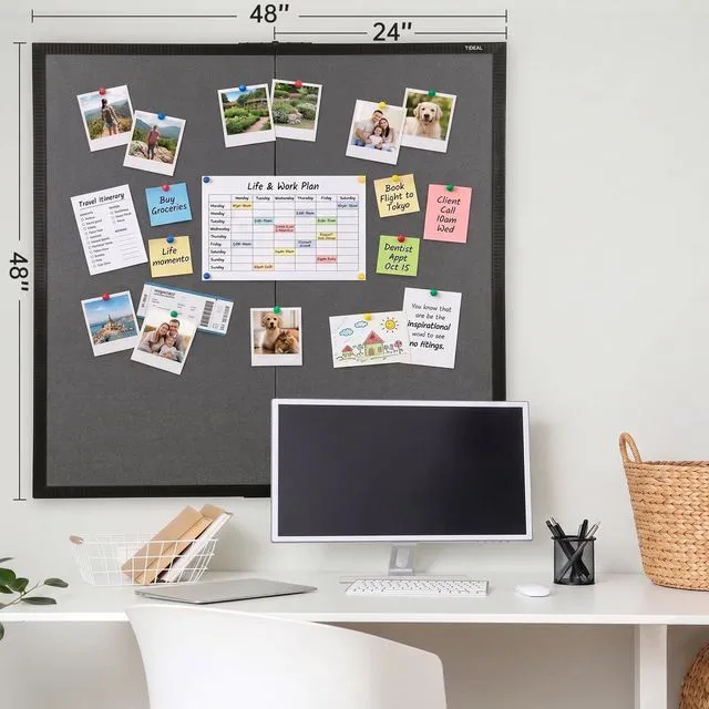 Alt view image 2 of 7 - Large Bulletin Board 48 x 48, Cork Boards for Walls Foldable Cork Board with Black Pine Frame & Grey Linen Surface, Wall Mounted Pin Board for Home Office, Classroom, Kitchen