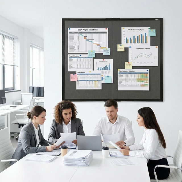 Alt view image 5 of 7 - Large Bulletin Board 48 x 48, Cork Boards for Walls Foldable Cork Board with Black Pine Frame & Grey Linen Surface, Wall Mounted Pin Board for Home Office, Classroom, Kitchen