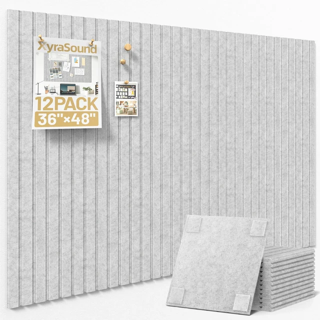 Main image of Large Cork Board for Walls 12 Pack Bulletin Board with 60 Adhesive Tabs 36" x 48" Alternative CorkBoard for Pictures Photos, Felt Push Pin Boards Tiles for Office Classroom Wall Decor - Gray