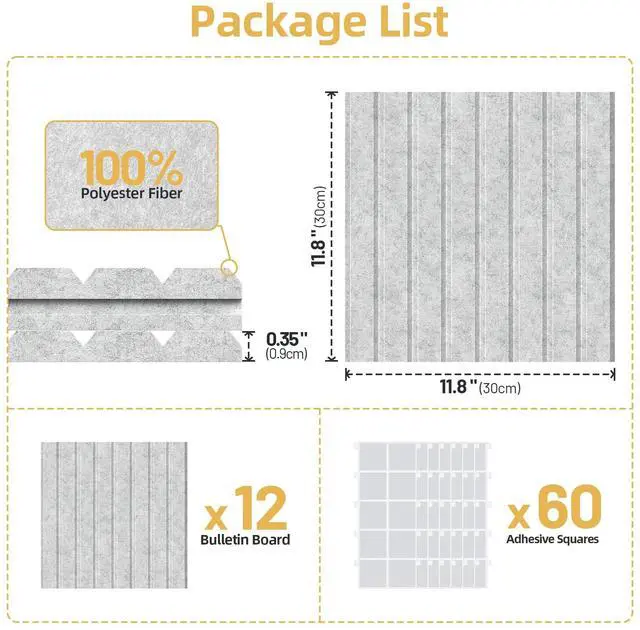 Alt view image 7 of 7 - Large Cork Board for Walls 12 Pack Bulletin Board with 60 Adhesive Tabs 36" x 48" Alternative CorkBoard for Pictures Photos, Felt Push Pin Boards Tiles for Office Classroom Wall Decor - Gray