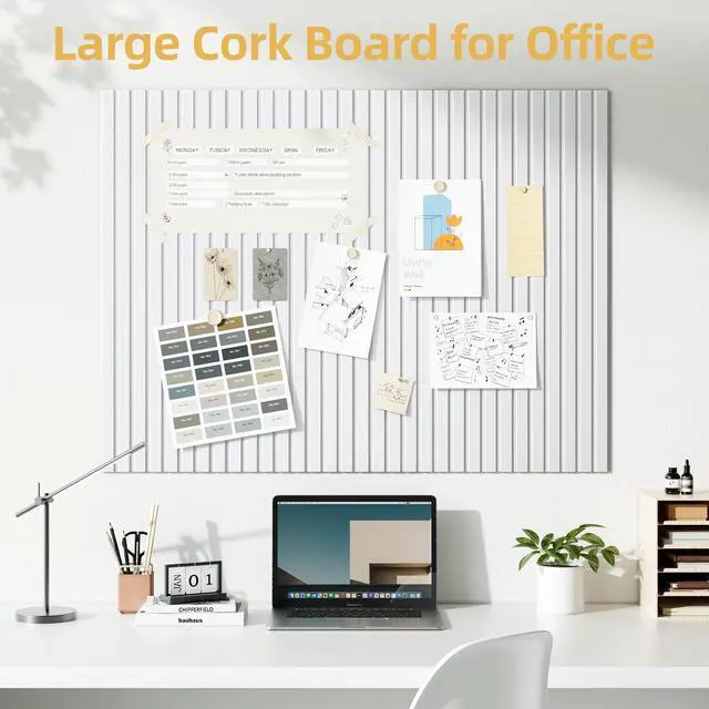 Alt view image 2 of 7 - Large Cork Board for Walls 12 Pack Bulletin Board with 60 Adhesive Tabs 36" x 48" Alternative CorkBoard for Pictures Photos, Felt Push Pin Boards Tiles for Office Classroom Wall Decor - White