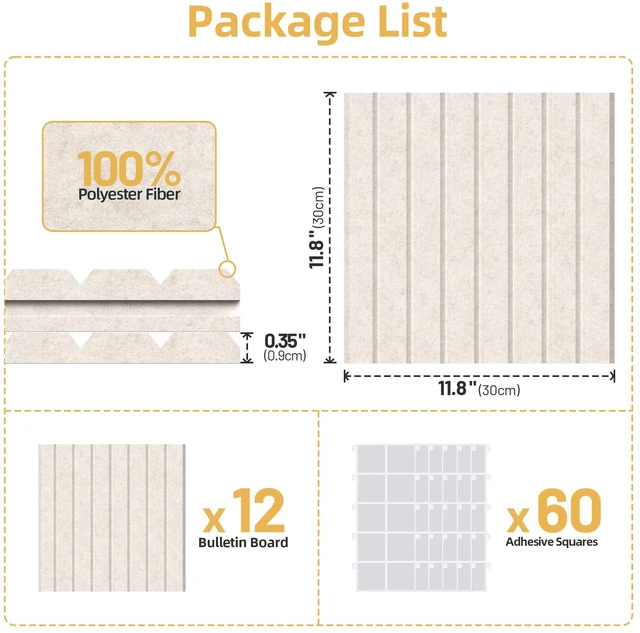 Alt view image 7 of 7 - Large Cork Board for Walls 12 Pack Bulletin Board with 60 Adhesive Tabs 36" x 48" Alternative CorkBoard for Pictures Photos, Felt Push Pin Boards Tiles for Office Classroom Wall Decor - Ivory
