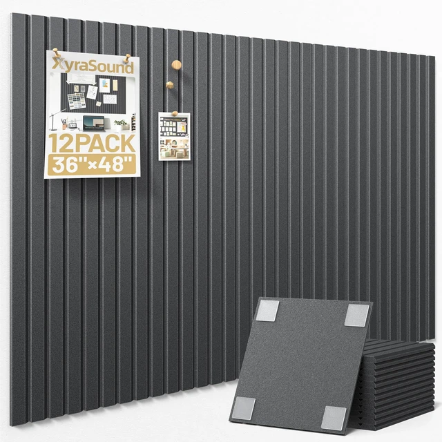 Main image of Large Cork Board for Walls 12 Pack Bulletin Board with 60 Adhesive Tabs 36" x 48" Alternative CorkBoard for Pictures Photos, Felt Push Pin Boards Tiles for Office Classroom Wall Decor - Black