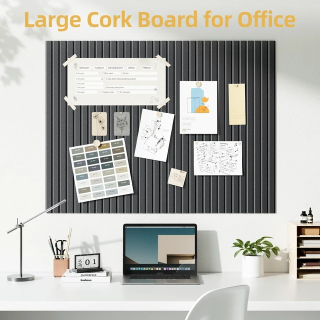 Alt view image 2 of 7 - Large Cork Board for Walls 12 Pack Bulletin Board with 60 Adhesive Tabs 36" x 48" Alternative CorkBoard for Pictures Photos, Felt Push Pin Boards Tiles for Office Classroom Wall Decor - Black