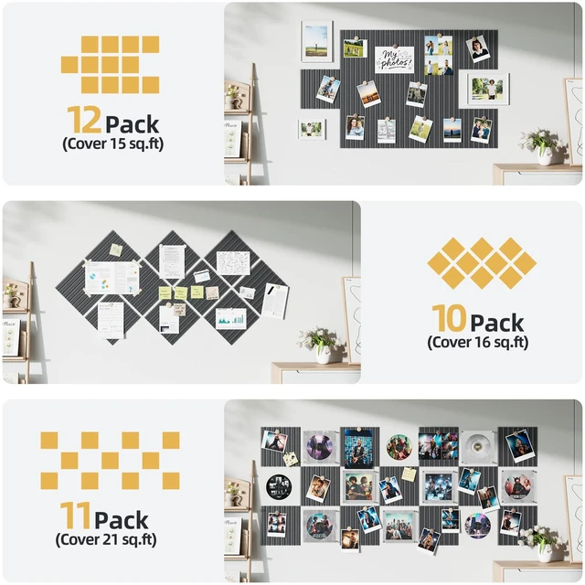 Alt view image 6 of 7 - Large Cork Board for Walls 12 Pack Bulletin Board with 60 Adhesive Tabs 36" x 48" Alternative CorkBoard for Pictures Photos, Felt Push Pin Boards Tiles for Office Classroom Wall Decor - Black
