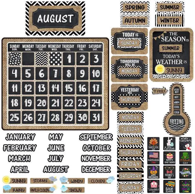 Main image of 85 Pcs Calendar Bulletin Board Set Classroom Decor, Rustic Classroom Calendar Bulletin Board, with Numbers Month Weather, Back to School Wall Chalkboard Decorations