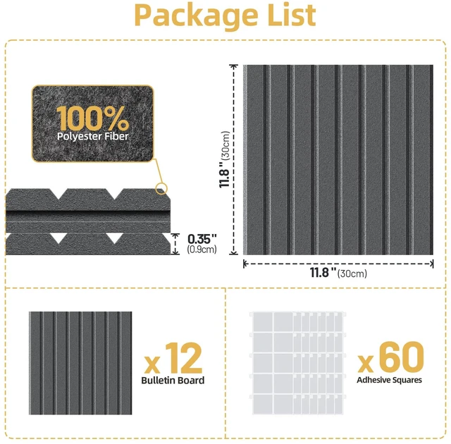 Alt view image 7 of 7 - Large Cork Board for Walls 12 Pack Bulletin Board with 60 Adhesive Tabs 36" x 48" Alternative CorkBoard for Pictures Photos, Felt Push Pin Boards Tiles for Office Classroom Wall Decor - Black