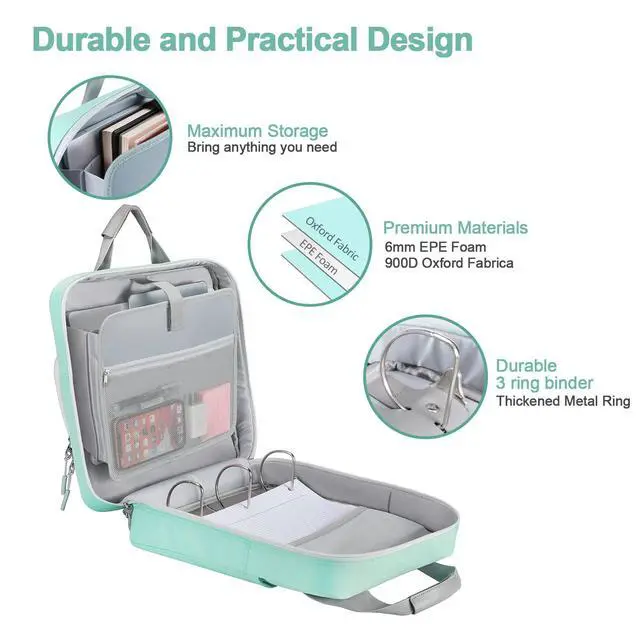 Alt view image 2 of 7 - 3 Inch 3 Ring Zipper Binder D-Ring with Strap & Multi-Pockets Binder with Strap 700 Sheet Capacity for School and Office Binder Organizer, Compatible with 13-Inch MacBook/Table,Light Blue