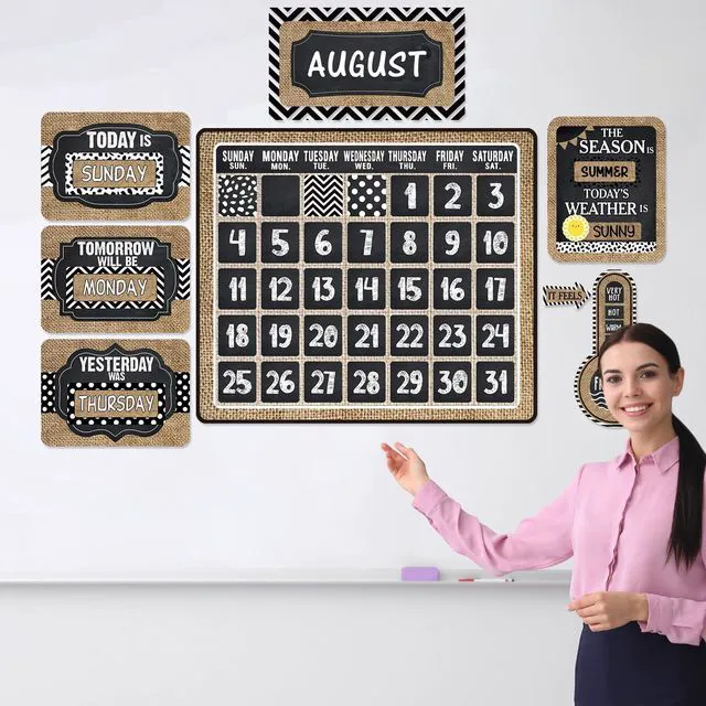 Alt view image 5 of 6 - 85 Pcs Calendar Bulletin Board Set Classroom Decor, Rustic Classroom Calendar Bulletin Board, with Numbers Month Weather, Back to School Wall Chalkboard Decorations