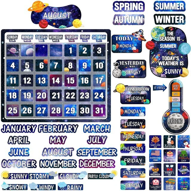 Main image of 85 Pcs Calendar Bulletin Board Set Classroom Calendar Bulletin Board with Numbers Month Weather Classroom Decorations for Back to School Wall Chalkboard Decor Supplies(Space)