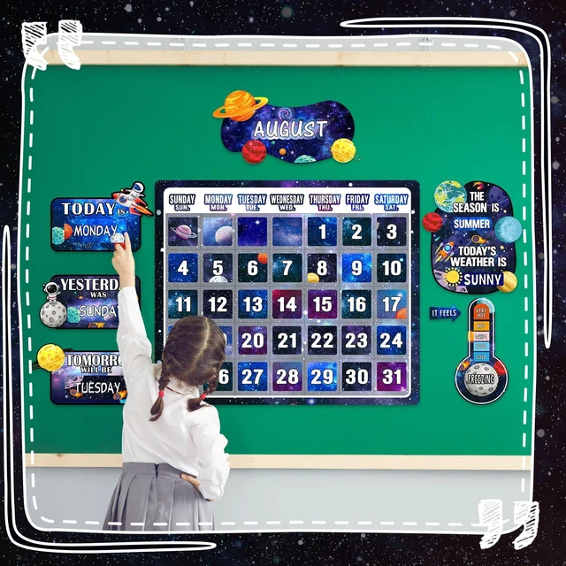 Alt view image 5 of 7 - 85 Pcs Calendar Bulletin Board Set Classroom Calendar Bulletin Board with Numbers Month Weather Classroom Decorations for Back to School Wall Chalkboard Decor Supplies(Space)