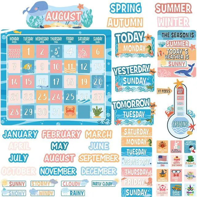 Main image of 85 Pcs Calendar Bulletin Board Set Classroom Calendar Bulletin Board with Numbers Month Weather Classroom Decorations for Back to School Wall Chalkboard Decor Supplies(Boho Ocean)