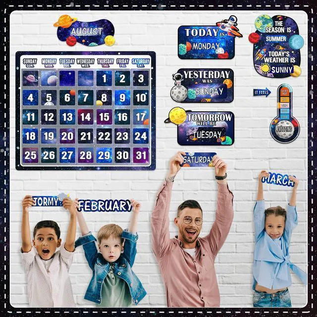 Alt view image 7 of 7 - 85 Pcs Calendar Bulletin Board Set Classroom Calendar Bulletin Board with Numbers Month Weather Classroom Decorations for Back to School Wall Chalkboard Decor Supplies(Space)