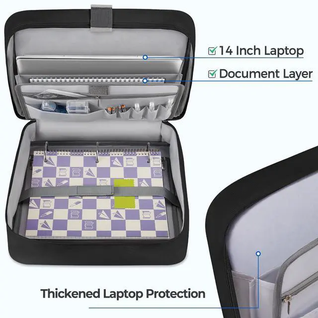 Alt view image 4 of 7 - Zipper Binder Bag, 2 Inch 3 Ring Binder with Zipper Fit 14 Inch Laptop, 500 Sheets Capacity Zippered Binders with Shoulder Strap & Removable O-Ring Pad for College, Office, Work, Black