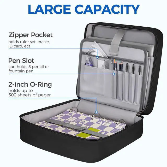 Alt view image 3 of 7 - Zipper Binder Bag, 2 Inch 3 Ring Binder with Zipper Fit 14 Inch Laptop, 500 Sheets Capacity Zippered Binders with Shoulder Strap & Removable O-Ring Pad for College, Office, Work, Black