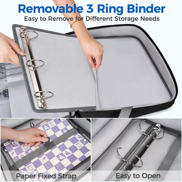 Alt view image 6 of 7 - Zipper Binder Bag, 2 Inch 3 Ring Binder with Zipper Fit 14 Inch Laptop, 500 Sheets Capacity Zippered Binders with Shoulder Strap & Removable O-Ring Pad for College, Office, Work, Black
