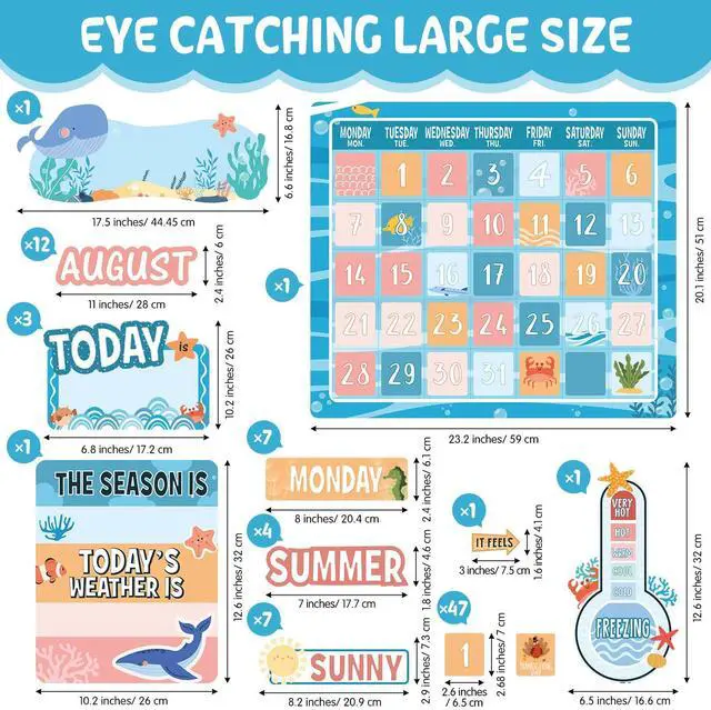 Alt view image 2 of 6 - 85 Pcs Calendar Bulletin Board Set Classroom Calendar Bulletin Board with Numbers Month Weather Classroom Decorations for Back to School Wall Chalkboard Decor Supplies(Boho Ocean)