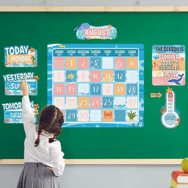 Alt view image 5 of 6 - 85 Pcs Calendar Bulletin Board Set Classroom Calendar Bulletin Board with Numbers Month Weather Classroom Decorations for Back to School Wall Chalkboard Decor Supplies(Boho Ocean)