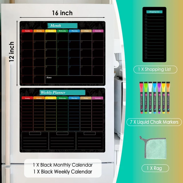 Alt view image 5 of 7 - Black Dry Erase Board for Fridge, 16" x 12", Monthly and Weekly Strong Magnetic Backing, Easy to Write and Clean, Dry Erase Surface and Stain Resistant with 7 Markers,1 Eraser and 1 List
