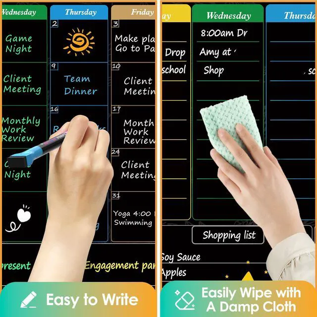 Alt view image 4 of 7 - Black Dry Erase Board for Fridge, 16" x 12", Monthly and Weekly Strong Magnetic Backing, Easy to Write and Clean, Dry Erase Surface and Stain Resistant with 7 Markers,1 Eraser and 1 List