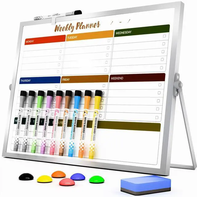 Main image of Weekly Calendar Whiteboard with Stand, Dry Erase Magnetic 16"x12" 10 Markers, 6 Magnets, 1 Eraser, Portable Desktop Weekly Schedule Whiteboard for School, Office & Home Planning