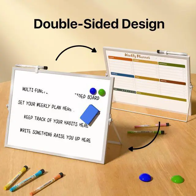 Alt view image 2 of 7 - Weekly Calendar Whiteboard with Stand, Dry Erase Magnetic 16"x12" 10 Markers, 6 Magnets, 1 Eraser, Portable Desktop Weekly Schedule Whiteboard for School, Office & Home Planning