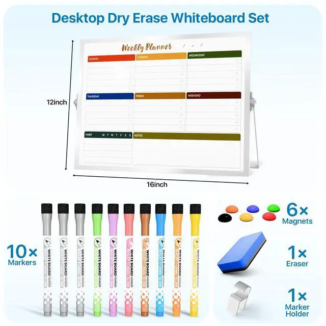Alt view image 3 of 7 - Weekly Calendar Whiteboard with Stand, Dry Erase Magnetic 16"x12" 10 Markers, 6 Magnets, 1 Eraser, Portable Desktop Weekly Schedule Whiteboard for School, Office & Home Planning