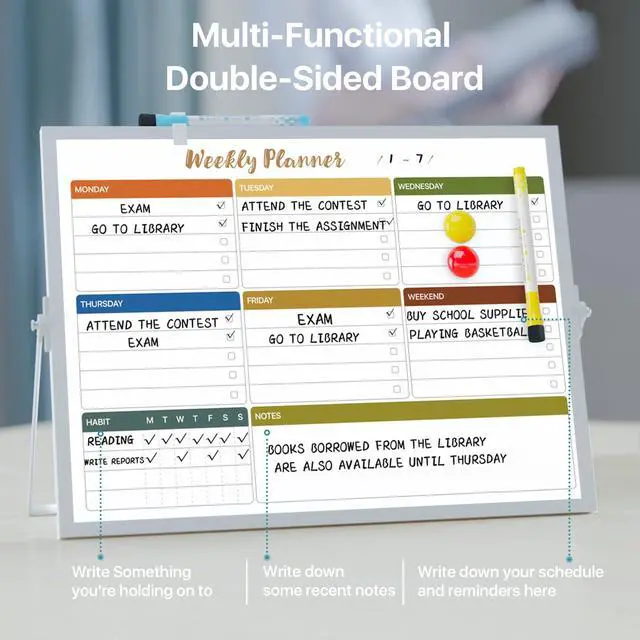 Alt view image 6 of 7 - Weekly Calendar Whiteboard with Stand, Dry Erase Magnetic 16"x12" 10 Markers, 6 Magnets, 1 Eraser, Portable Desktop Weekly Schedule Whiteboard for School, Office & Home Planning