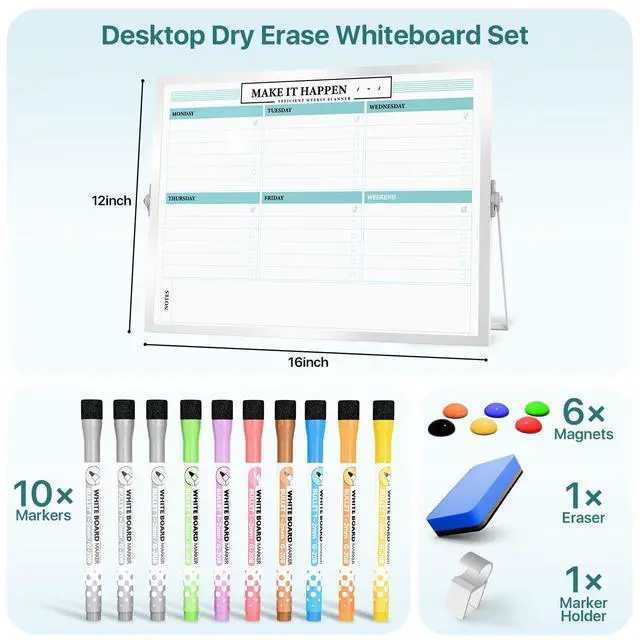 Alt view image 3 of 7 - Weekly Calendar Whiteboard with Stand, Dry Erase Magnetic 16"x12" 10 Markers, 6 Magnets, 1 Eraser, Portable Desktop Weekly Schedule Whiteboard for School, Office & Home Planning