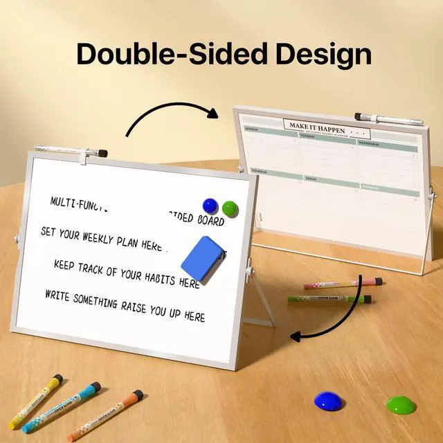 Alt view image 2 of 7 - Weekly Calendar Whiteboard with Stand, Dry Erase Magnetic 16"x12" 10 Markers, 6 Magnets, 1 Eraser, Portable Desktop Weekly Schedule Whiteboard for School, Office & Home Planning