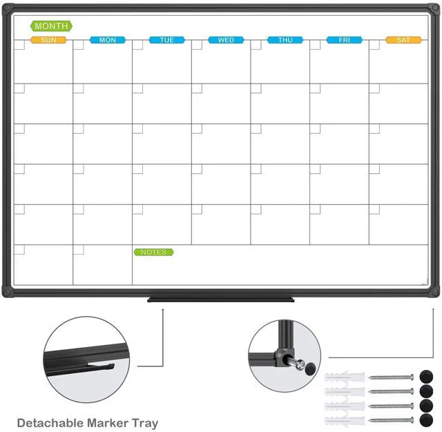 Alt view image 3 of 6 - Dry Erase Calendar Whiteboard, Magnetic Month Board 36 x 24 Inch Black Aluminum Frame Wall Mounted for Office Home and School