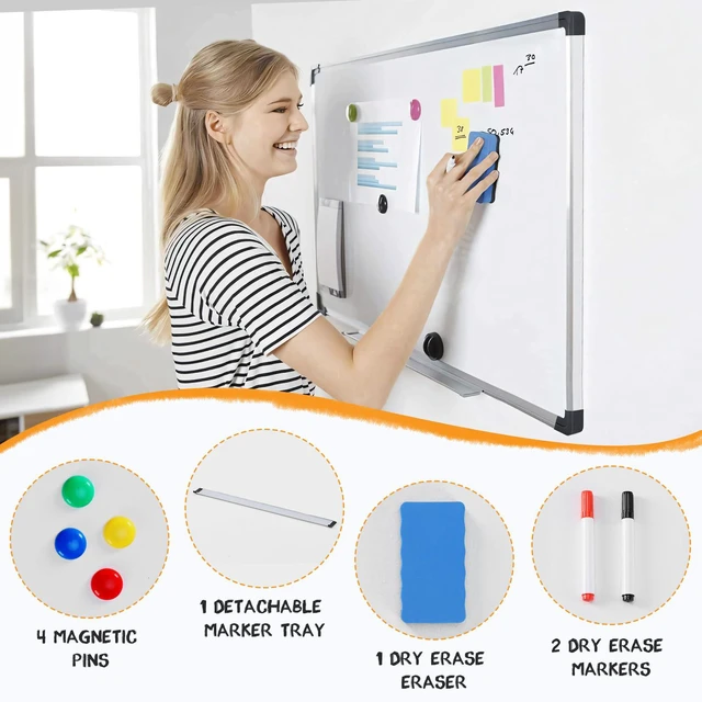 Alt view image 2 of 7 - White Board, 48" x 32" Magnetic Dry Erase Board for Wall with 1 Dry Eraser & 2 Multi-Color Markers & 4 Magnetic Pins, Silver Aluminum Frame for Office, Home, School
