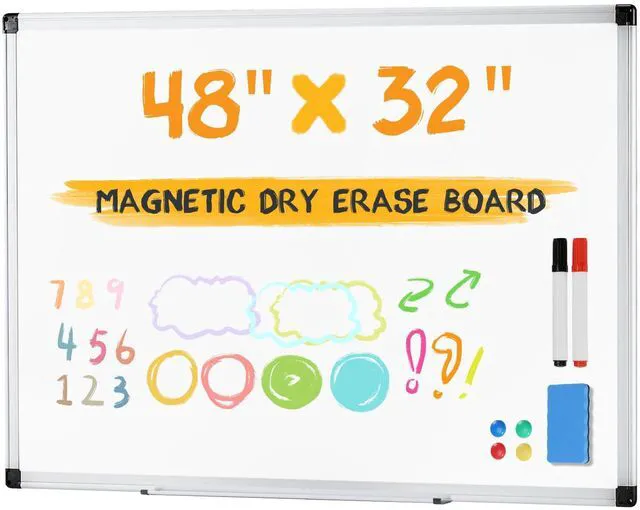 Main image of White Board, 48" x 32" Magnetic Dry Erase Board for Wall with 1 Dry Eraser & 2 Multi-Color Markers & 4 Magnetic Pins, Silver Aluminum Frame for Office, Home, School