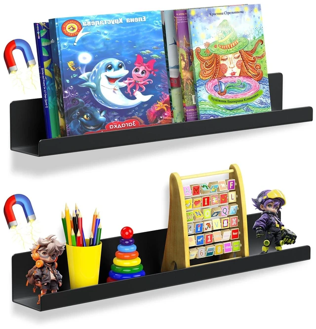 Main image of 2 Pack Magnetic Book Shelf for Whiteboard, 17 Inch Heavy Duty Metal Magnetic Shelves, Holds 12 lbs, Magnetic Book Display for Classroom Furniture, Office - Black