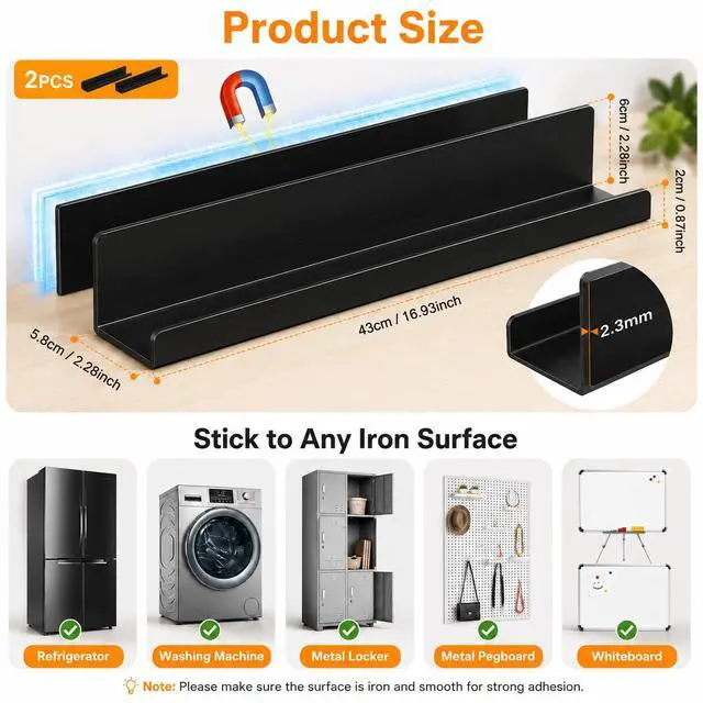 Alt view image 2 of 7 - 2 Pack Magnetic Book Shelf for Whiteboard, 17 Inch Heavy Duty Metal Magnetic Shelves, Holds 12 lbs, Magnetic Book Display for Classroom Furniture, Office - Black