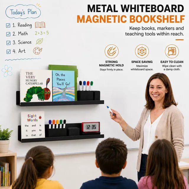 Alt view image 6 of 7 - 2 Pack Magnetic Book Shelf for Whiteboard, 17 Inch Heavy Duty Metal Magnetic Shelves, Holds 12 lbs, Magnetic Book Display for Classroom Furniture, Office - Black