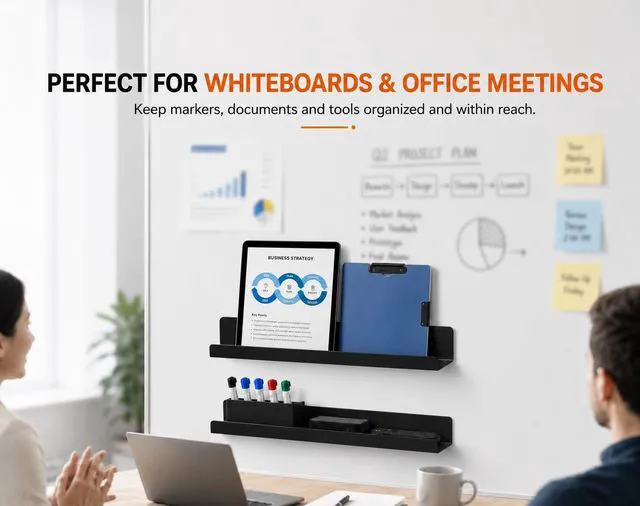 Alt view image 5 of 7 - 2 Pack Magnetic Book Shelf for Whiteboard, 17 Inch Heavy Duty Metal Magnetic Shelves, Holds 12 lbs, Magnetic Book Display for Classroom Furniture, Office - Black