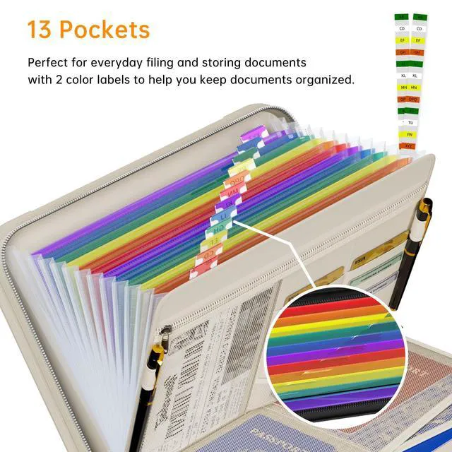 Alt view image 3 of 7 - Fireproof Accordion File Organizer, Expanding File Folder, Beige 13 Pocket Colorful, Handle, Zipper & Labels, Multi-Pockets Paper Organizer, for Letter A4 Files, Home, Office, School