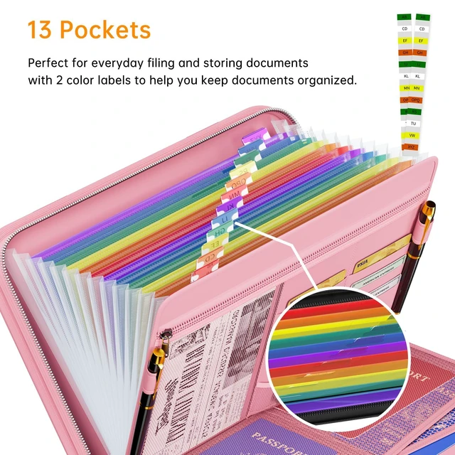Alt view image 3 of 7 - Fireproof Accordion File Organizer, Expanding File Folder, Pink 13 Pocket Colorful, Handle, Zipper & Labels, Multi-Pockets Paper Organizer, for Letter A4 Files, Home, Office, School