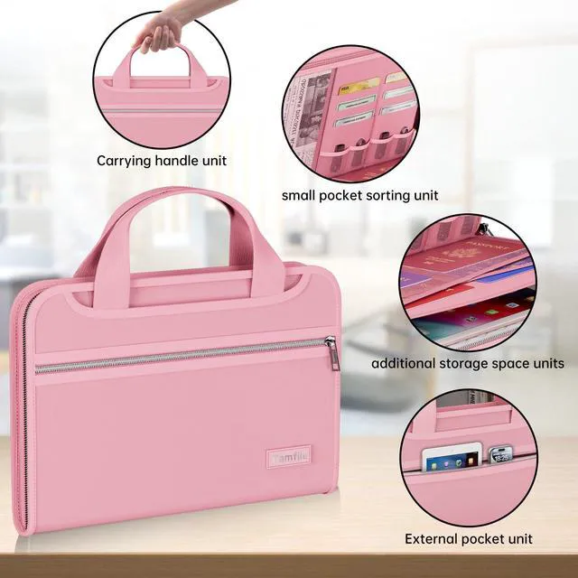 Alt view image 4 of 7 - Fireproof Accordion File Organizer, Expanding File Folder, Pink 13 Pocket Colorful, Handle, Zipper & Labels, Multi-Pockets Paper Organizer, for Letter A4 Files, Home, Office, School