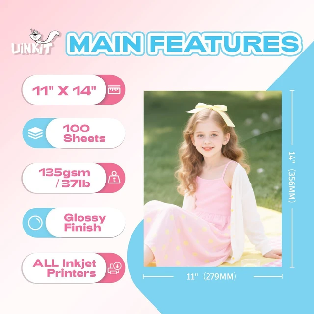 Alt view image 2 of 7 - 37lb Thin Flyer Paper Glossy 11x14 Inkjet 100 Sheets Single Side DIY Chip Bag 135gsm Photos Picture for Inkjet Printer with Dye Ink Brochure (11X14X100)