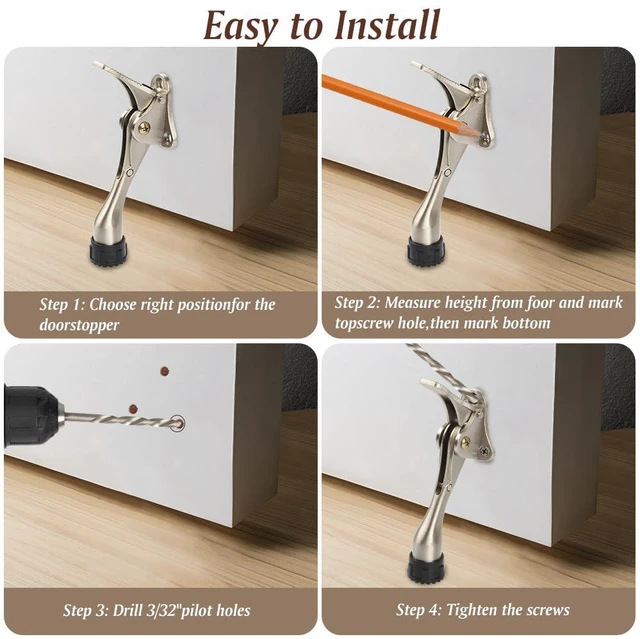 Alt view image 5 of 6 - Kickdown Door Stopper 4 Inches - 4 Packs One Touch Adjustable Height Door Stop for The Bottom of Door The Bottom of Door Aluminum Alloy Metal Door Stopper with Rubber Tip Satin Nickel