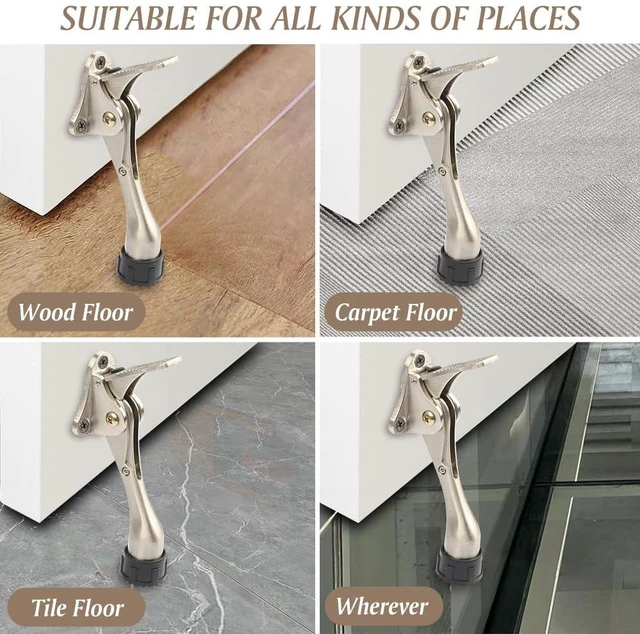 Alt view image 6 of 6 - Kickdown Door Stopper 4 Inches - 4 Packs One Touch Adjustable Height Door Stop for The Bottom of Door The Bottom of Door Aluminum Alloy Metal Door Stopper with Rubber Tip Satin Nickel
