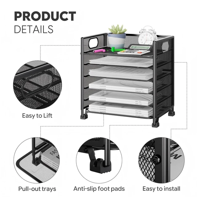 Alt view image 6 of 7 - 6-Tier Paper Tray Organizer, File Organizer for Desk, Black Letter Tray Holder with Handle. Sturdy Metal Frame. Non-slip Feet. Black for Office Home School. 13"L x 8.75"W x 14.6"H