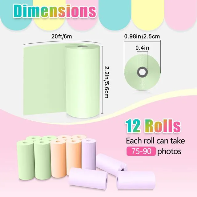 Alt view image 2 of 7 - 12 Rolls Kids Instant Camera Thermal Print Paper Refill - 3 Colors (Purple, Orange, Green) Compatible with Most Children Instant Print Cameras - Paper Only