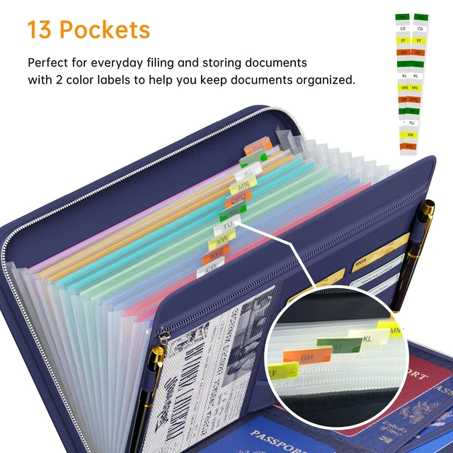 Alt view image 7 of 7 - Fireproof Accordion File Organizer, 13 Pocket Expanding File Folder Document Organizer with Handle, File Folder with Multi-Pockets Paper Organizer for A4 File, Blue