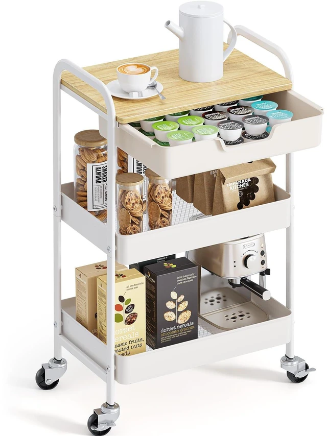 Main image of 3-Tier Metal Utility Rolling Cart with Drawer and Wooden Table Top, Storage Cart White Trolley Kitchen Organizer Rolling Desk with Locking Wheels for Office, Classroom, Home, Bedroom