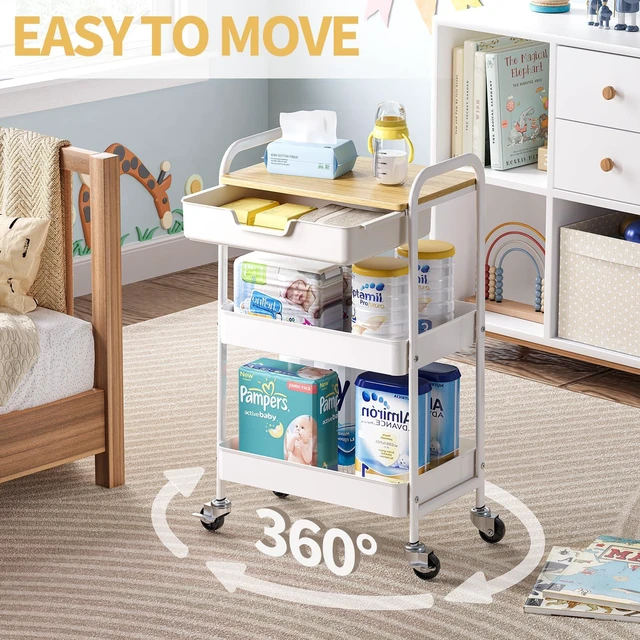 Alt view image 2 of 7 - 3-Tier Metal Utility Rolling Cart with Drawer and Wooden Table Top, Storage Cart White Trolley Kitchen Organizer Rolling Desk with Locking Wheels for Office, Classroom, Home, Bedroom