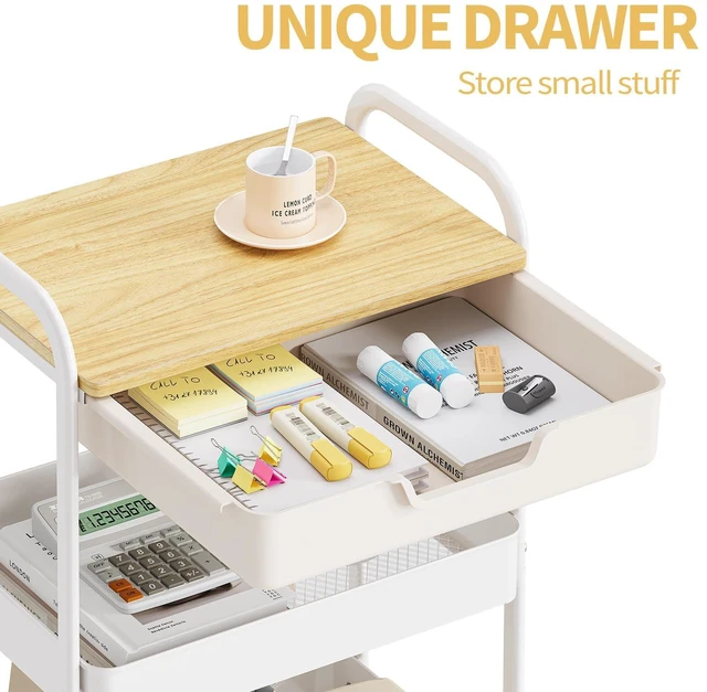Alt view image 3 of 7 - 3-Tier Metal Utility Rolling Cart with Drawer and Wooden Table Top, Storage Cart White Trolley Kitchen Organizer Rolling Desk with Locking Wheels for Office, Classroom, Home, Bedroom
