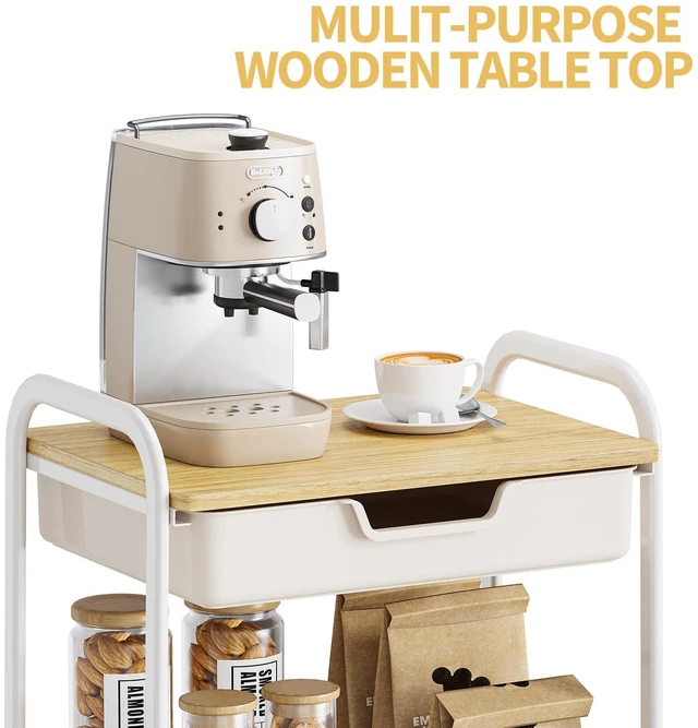 Alt view image 5 of 7 - 3-Tier Metal Utility Rolling Cart with Drawer and Wooden Table Top, Storage Cart White Trolley Kitchen Organizer Rolling Desk with Locking Wheels for Office, Classroom, Home, Bedroom